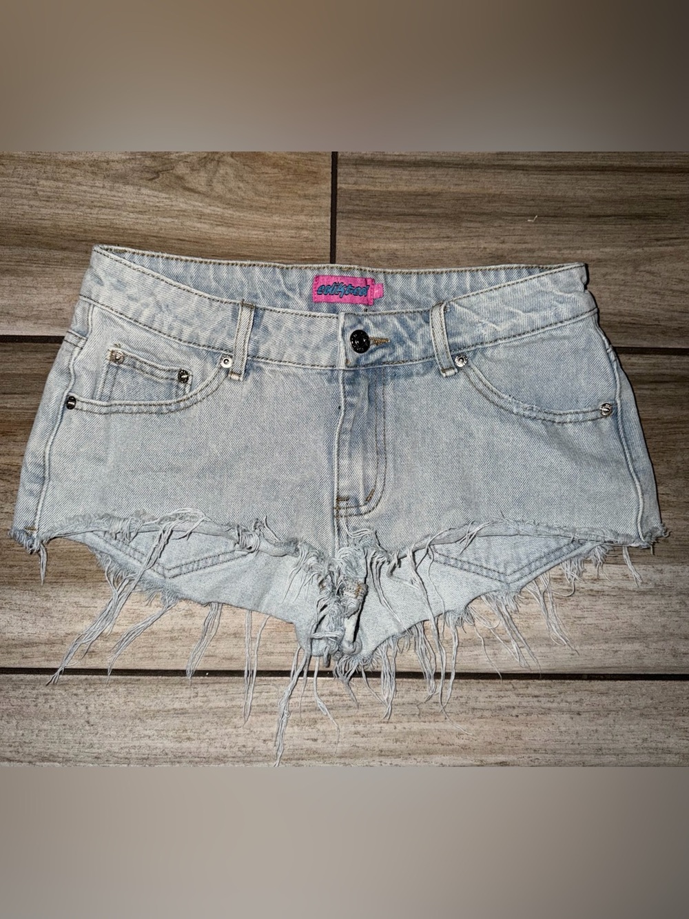 Edikted Light Blue Distressed Frayed Denim Shorts